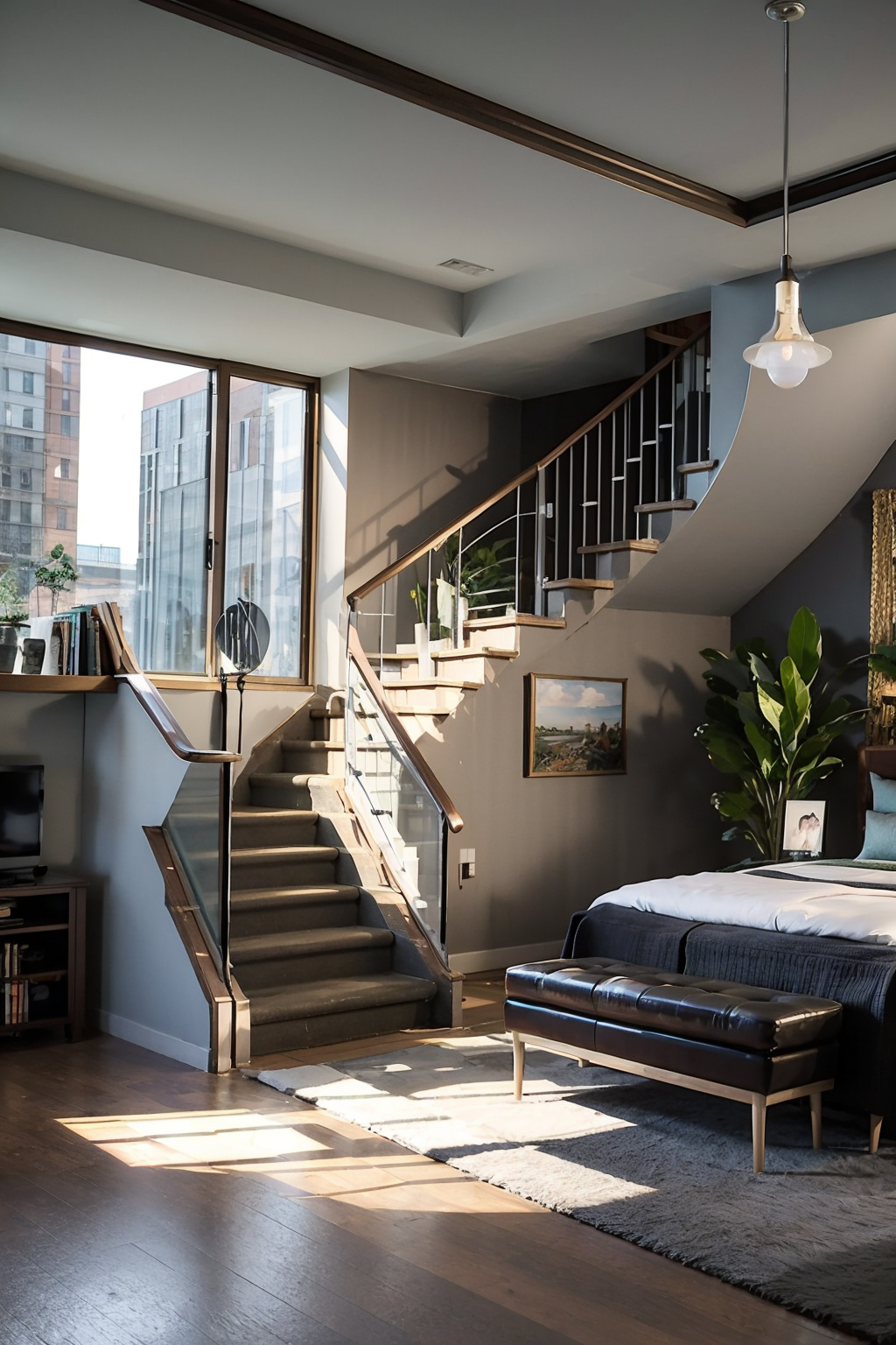00126-2169433221-computer, no_humans, plant, potted_plant, scenery, indoors, tree, cup, pillow, book, window, bed, chair, table, couch, stairs, d.png